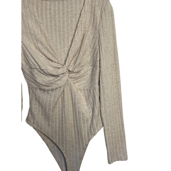 Shein Size M Chic Ribbed Beige Long-Sleeve Twist Front Bodysuit Soft Comfortable - Picture 7 of 15